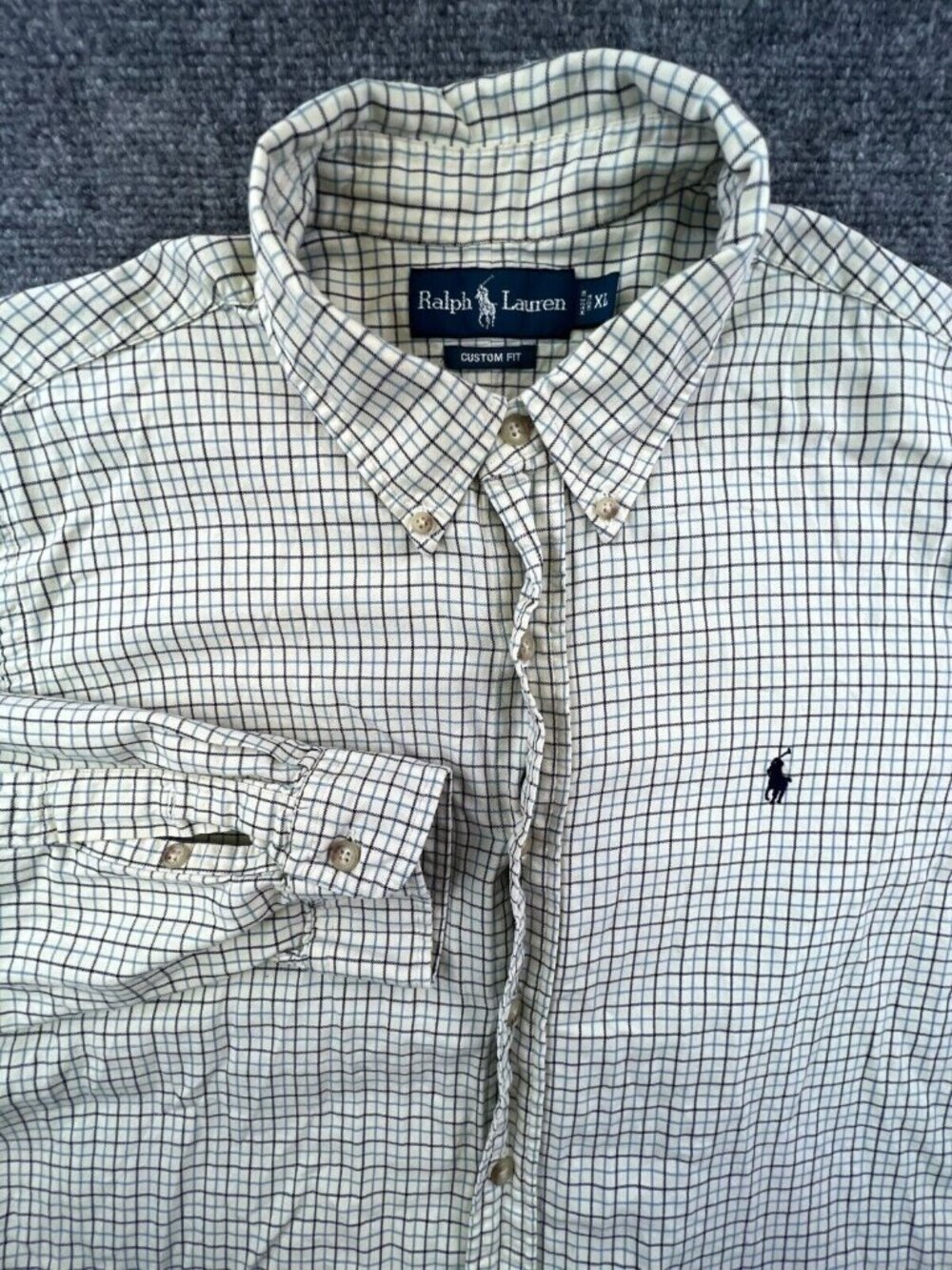 Ralph Lauren Custom Fit Button Up Shirt Mens XL White Blue Check Long Sleeve